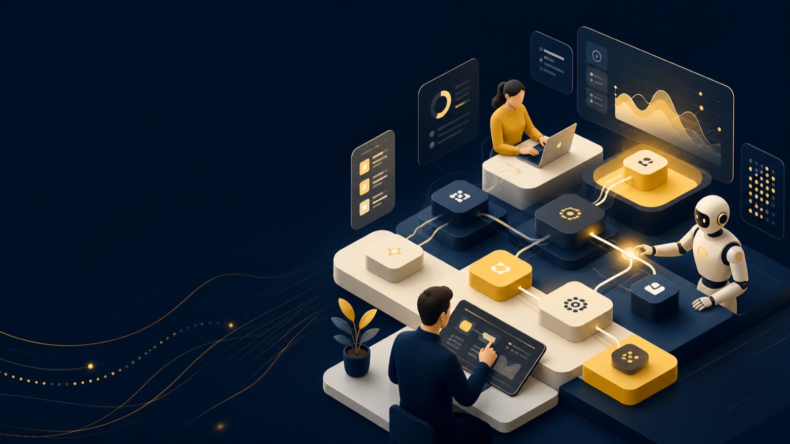 Illustration of connected automation workflows and analytics dashboards