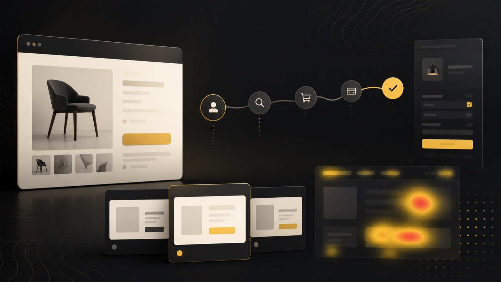 Illustration of a product page, checkout flow and conversion heatmap