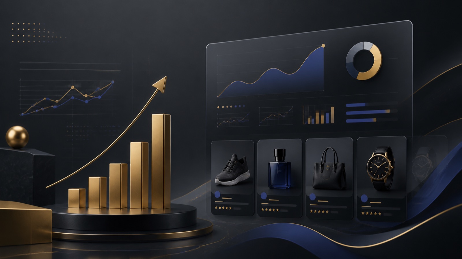 Illustration of ecommerce performance charts and product ads