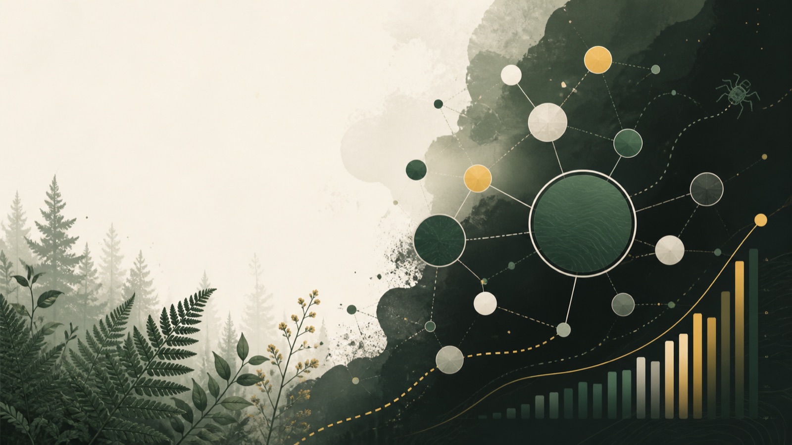 Illustration of a search network and rising analytics chart