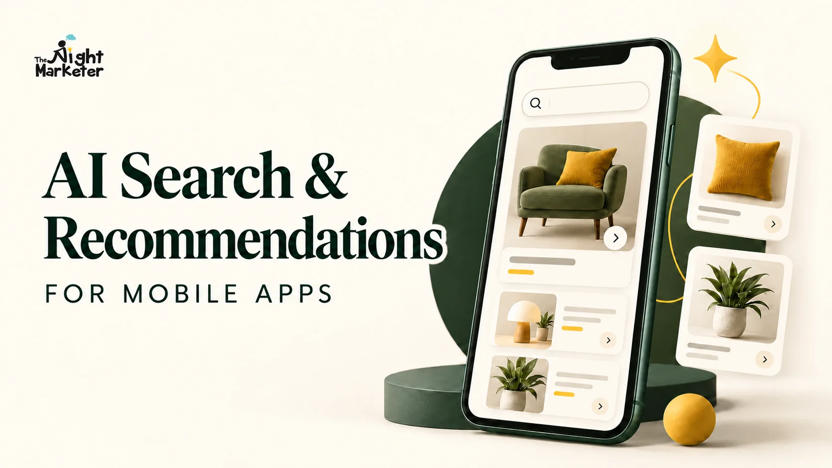 AI search and recommendations for mobile apps: a smartphone search interface with furniture and complementary product cards.